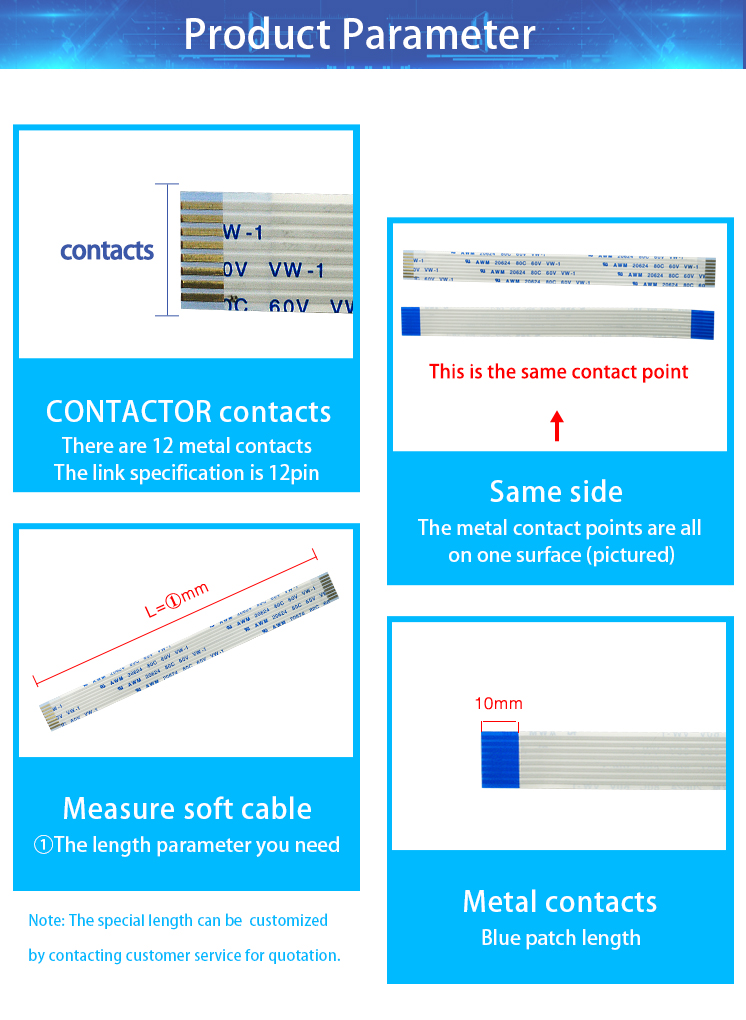 Flat Connect FFC Ribbon Cable 1mm Pitch 40 Pin PET Blue White