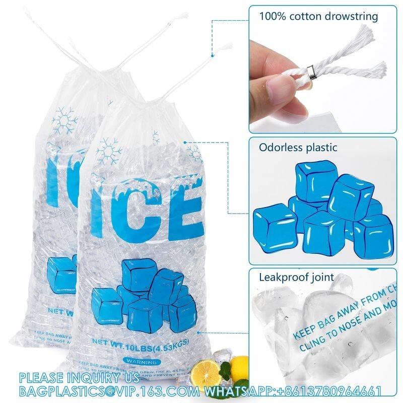 Reusable Ice Pattern Design Printing 2mil Thickness Heavy-Duty Plastic Ice Cube Storage Bags With Cotton Drawstring