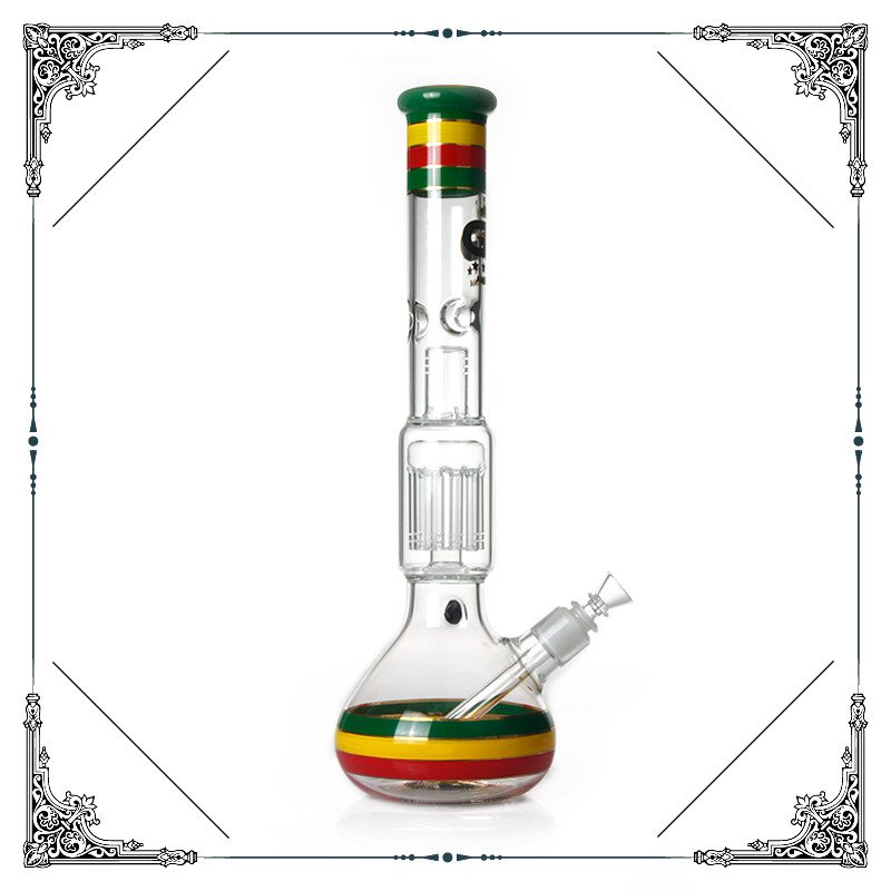 18 Inches Tall Beaker Bong 10 Tree Perc Heady Rasta Color Glass Smoking Water Pipe