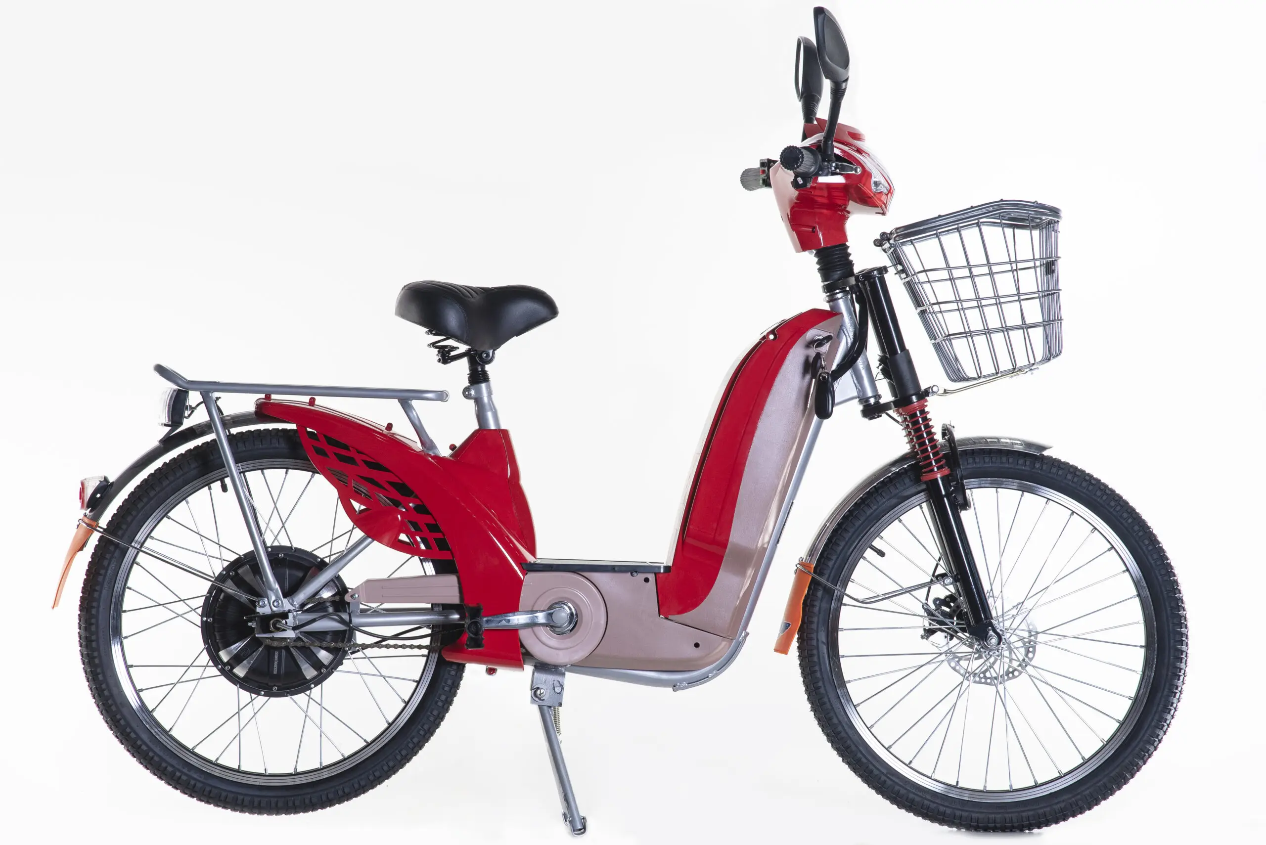 48V 12Ah 24 Inch Red Electric Bike With Lead Acid Battery Front Disk Rear Drum Brake