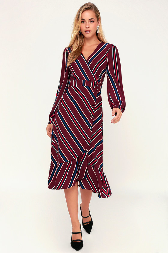 Latest Designs Wome Fasion Button Up Stripe Midi Dress