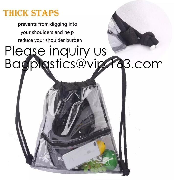 Clear Drawstring PVC Drawstring Backpack With Mesh Side Pockets For School, Music Festivals, Sporting Events, Gyms