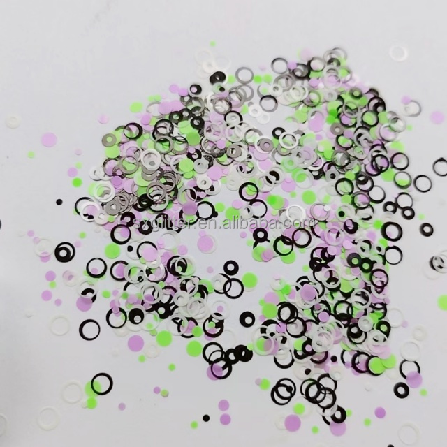 Customized Color Resin Glitter Glitter White Open Circle Black Open Circle Neon Green Round and Neon Purple Round Mixes