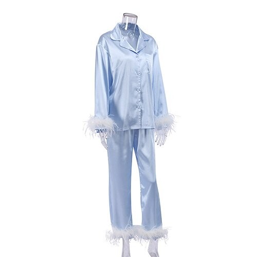 OEM maufactory Spring European And American Pajamas Silk Long Sleeved Pajamas Turn Over Neck