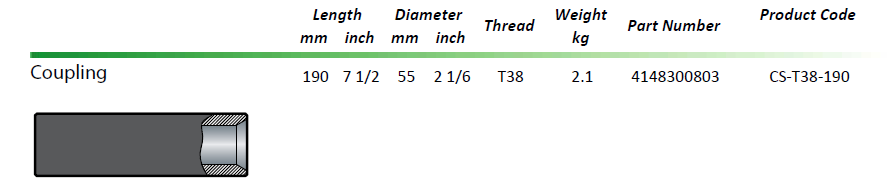 Threaded Rod Coupling Sleeves T38 190mm Length Connecting Drill Pipe