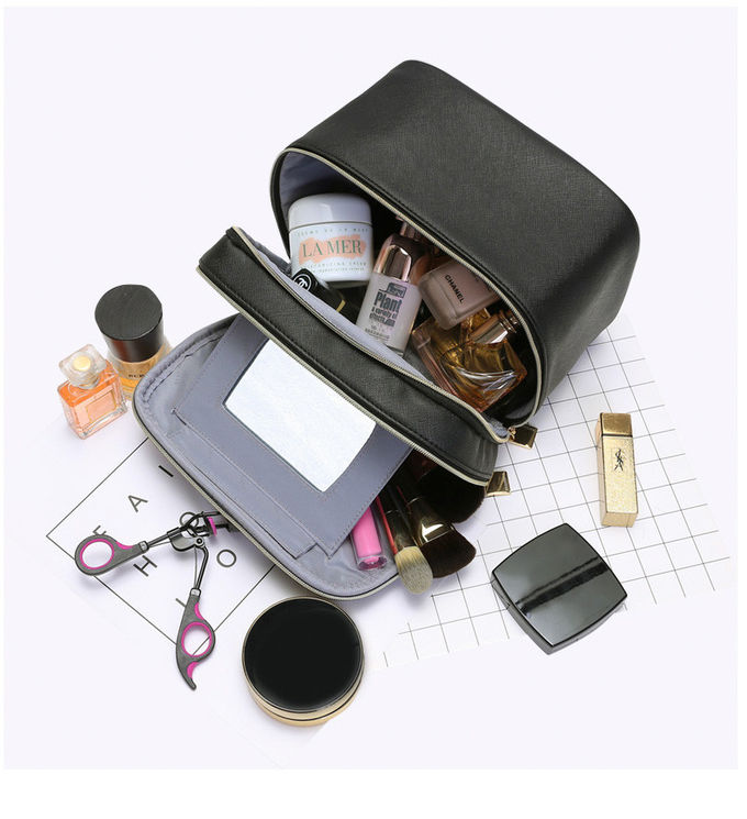 Waterproof PU Leather Cylinder Bucket Makeup Bag With Mirror