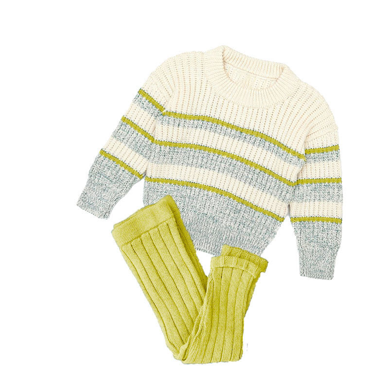 Winter Kids Cotton Hand Knitted Lounge Chunky Striped Sweaters Tight Leggings 2PCS