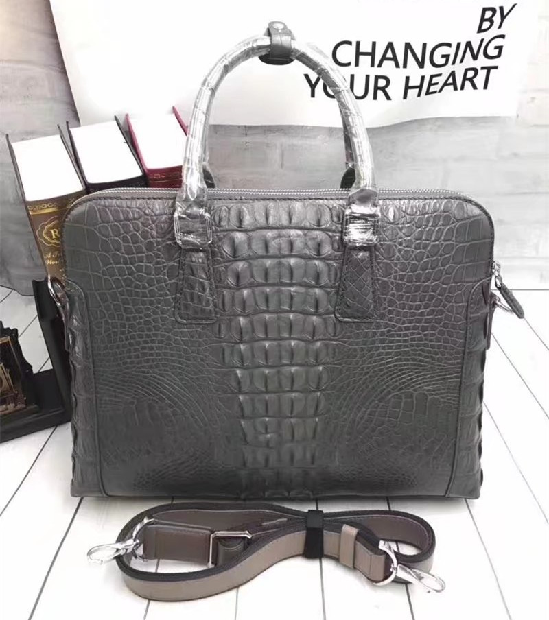 Genuine Crocodile Skin Men's Gray Laptop Briefcase Handbag Authentic Real Alligator Leather Businessmen Working Totes