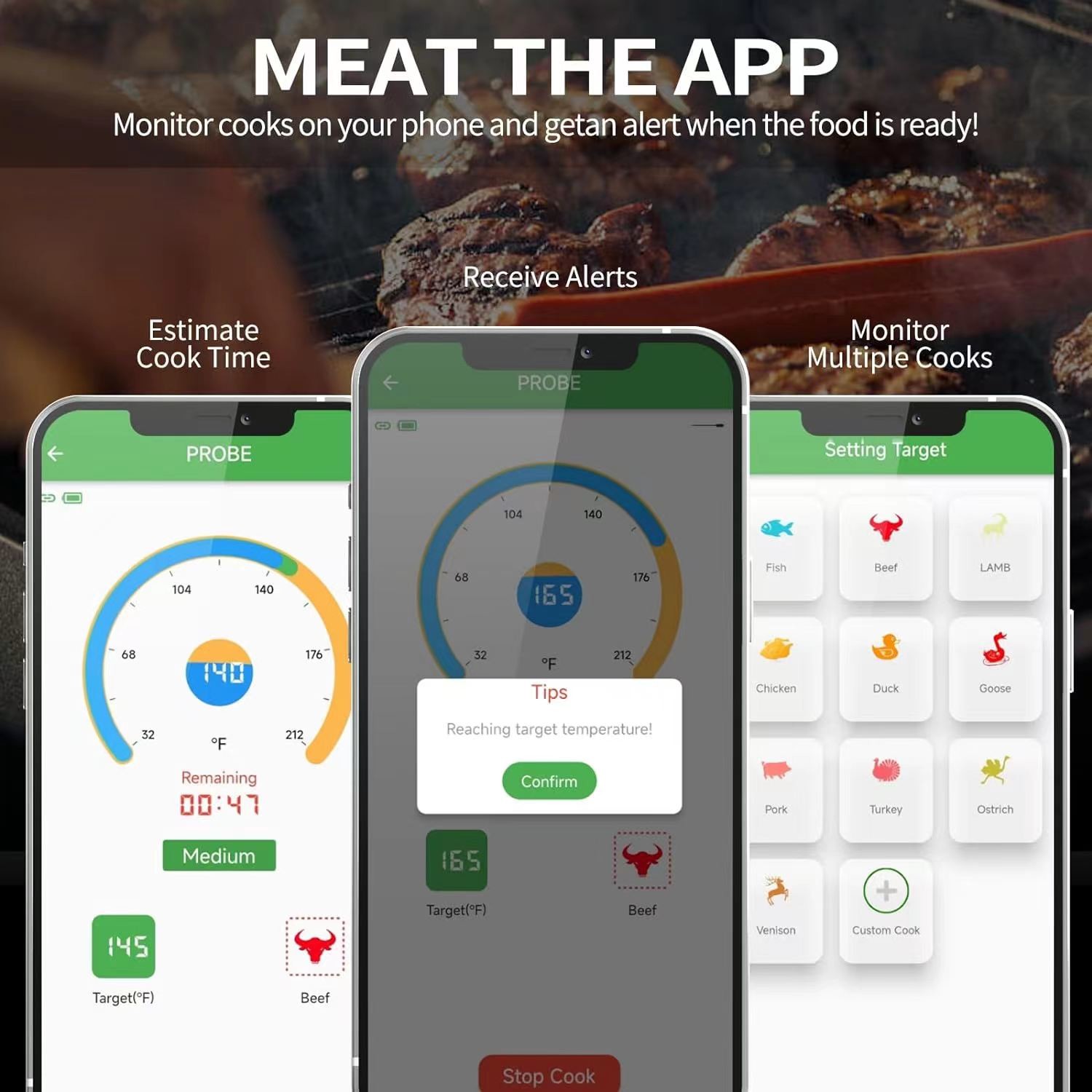 Long distance 150m Remote Smart Bbq Thermometer Instant Read Digital Bluetooth 5.0 Wireless Meat Thermometer 10 Modes Meat Thermometer