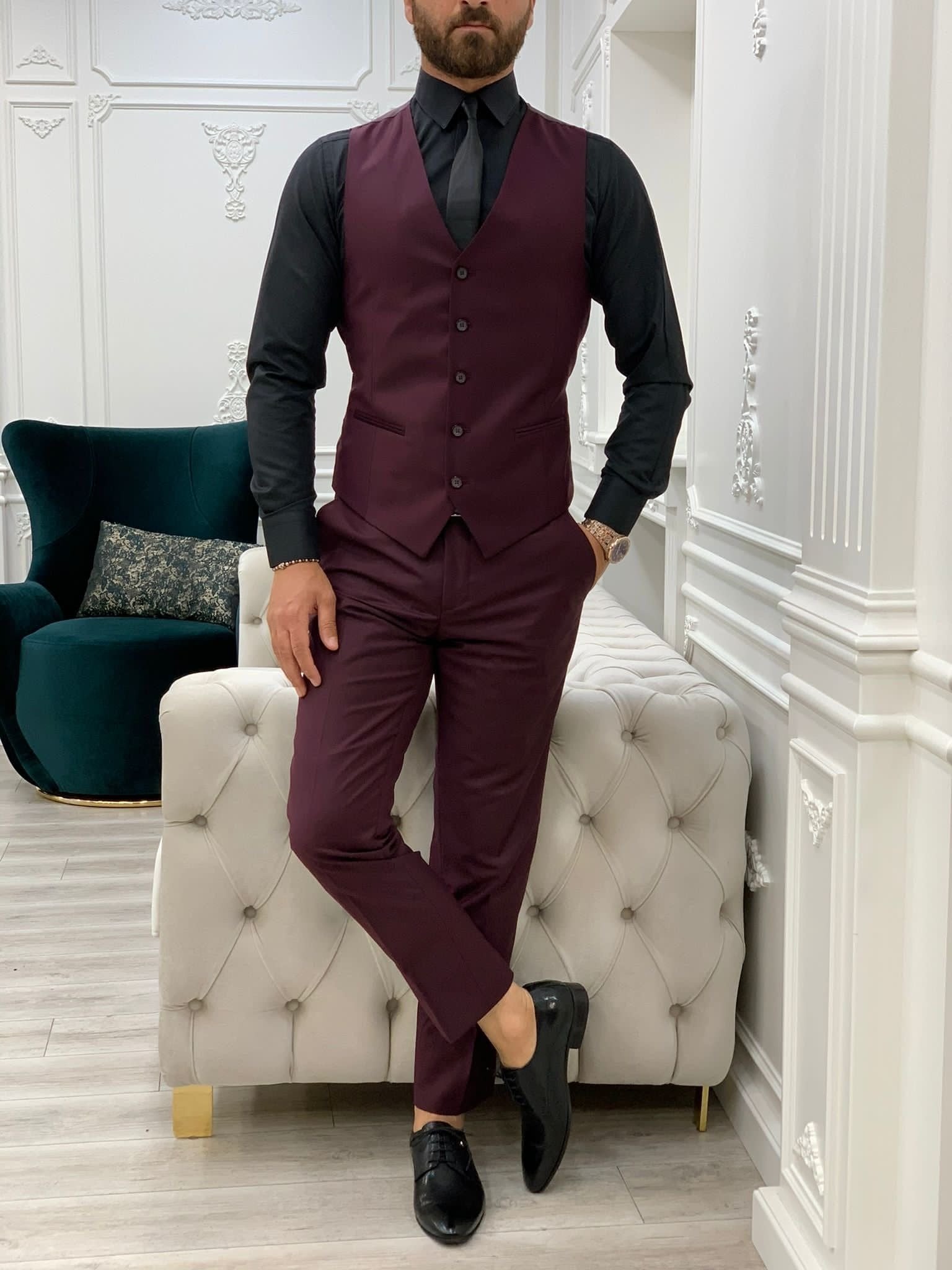 Burgundy Slim Fit Tuxedo Three Piece Suit 65% Polyester 32% Viscone 3% Lycra