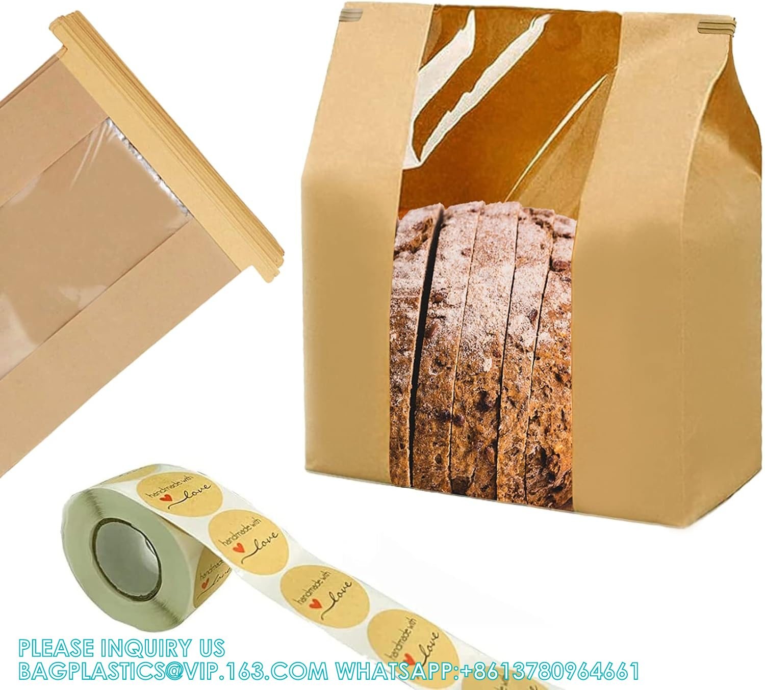 Large Bread Bags, 13.7 X 8.2 X 3.5 Inches Kraft Paper Bakery Bags With Windows Tin Tie Tab Lock Large Bread Bags