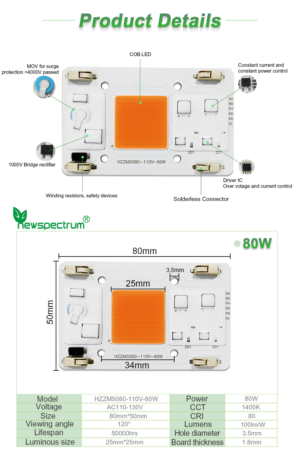 AC110V AC COB LED 80W Full Spectrum Without Soldering Terminal