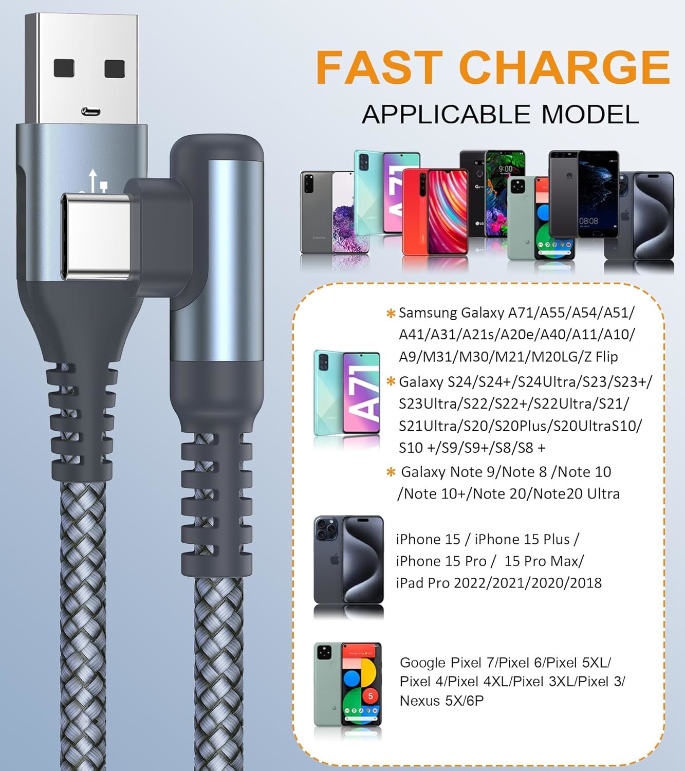 3A USB Type C Cable Right Angle Nylon Braided for iPhone Samsung Galaxy