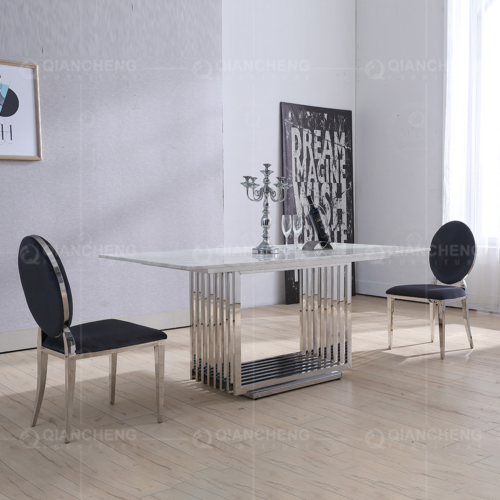 Width 39inch Stainless Steel Kitchen Table Set Artificial Marble Top Dining Table