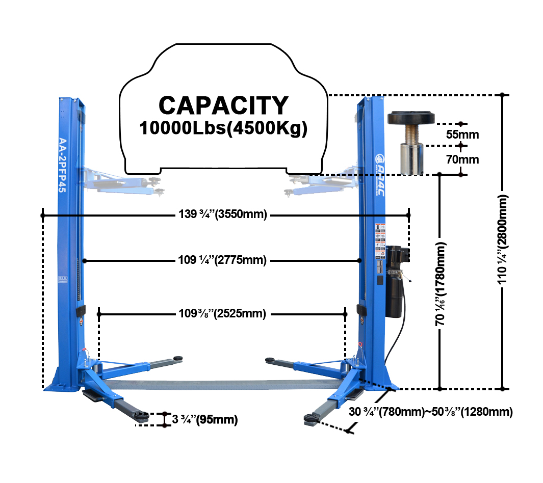 240 Volt Double Column Lift Two Post Car Hoist For Garage 4500kg 9920lbs 8 Bends Floorplate