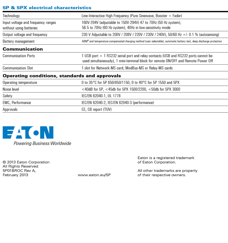 EATON UPS Brand 5P 1550VA 230V UPS 220V 230V 240V single phase Line-Interactive for Infrastructure, Industry and Healthcare