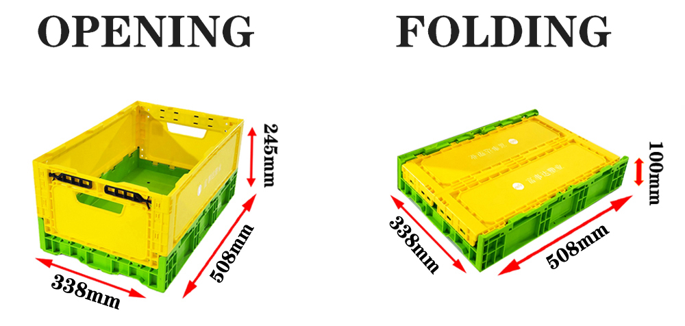 Yellow Rectangular Plastic Square Crate Folding Plastic Storage Bins External 508x338x245mm