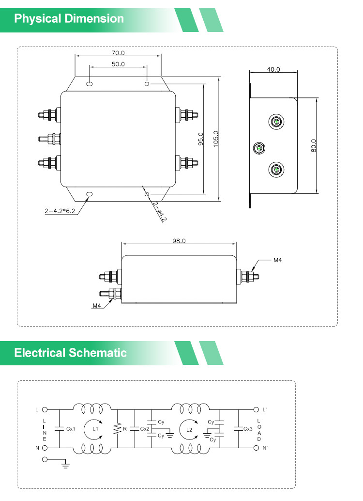 YB-F2 Ehanced Single Phase Filter 115V 250V Two Stage EMI RFI Filter For Charging Pile