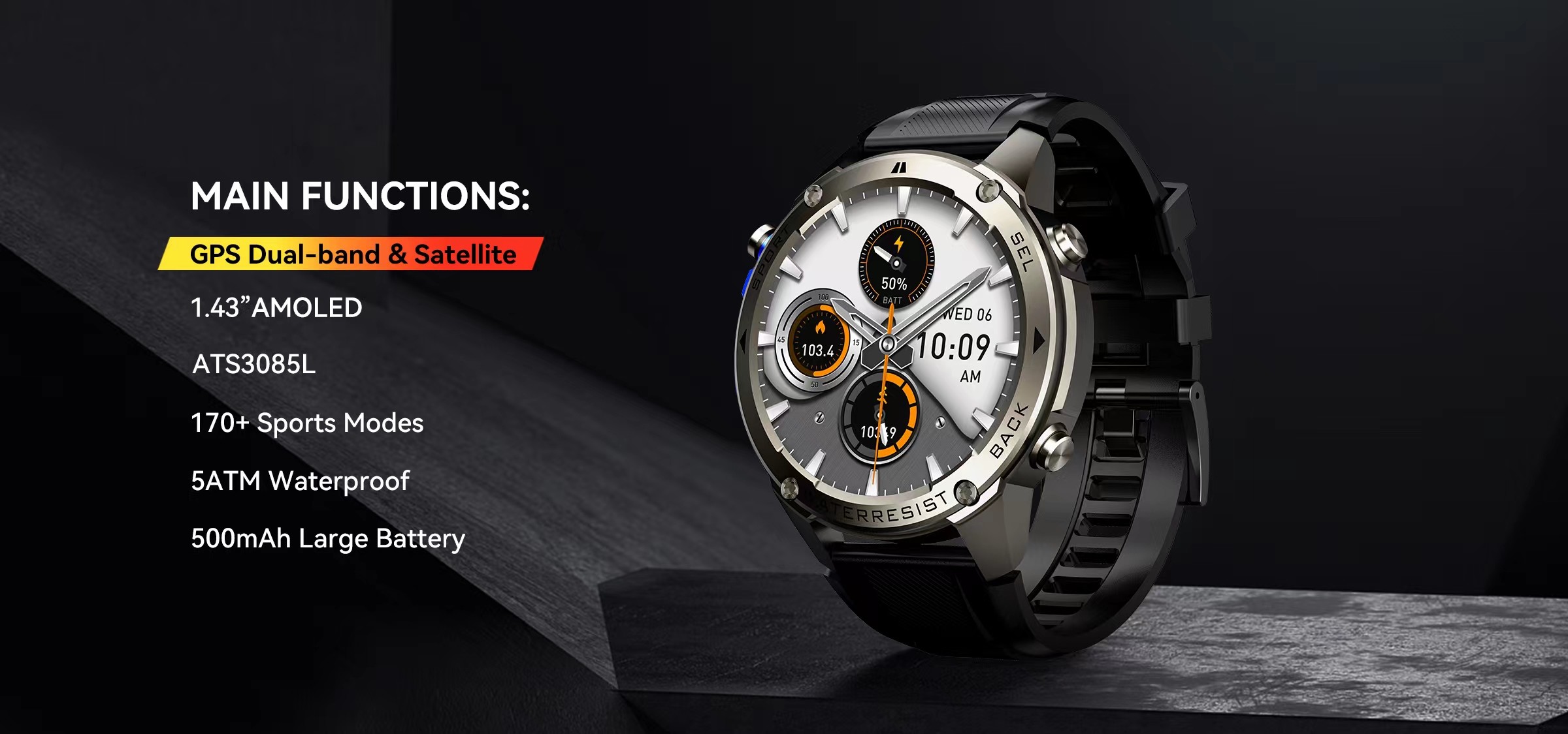 DM56 Sport Smart Watch 1.43inch AMOLED Display GPS 5ATM Waterproof 500mAh Battery
