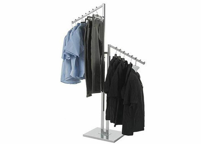 Brushed Steel Material Garment Display Stands With Wooden Bottom