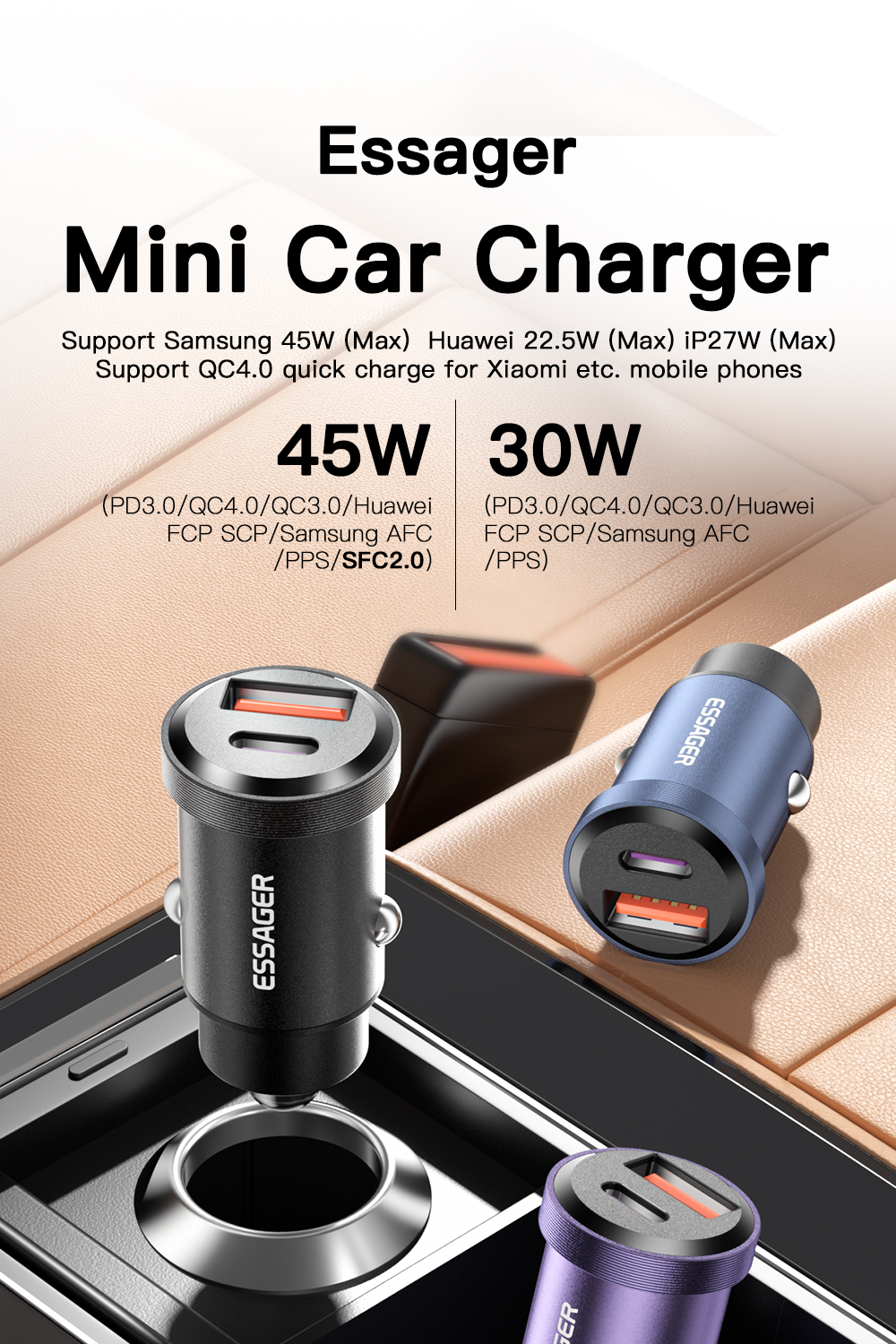 Essager 2022 Gyroscope New USB-A Type-C 30W 45W PD20W Mini Charger Car Charger