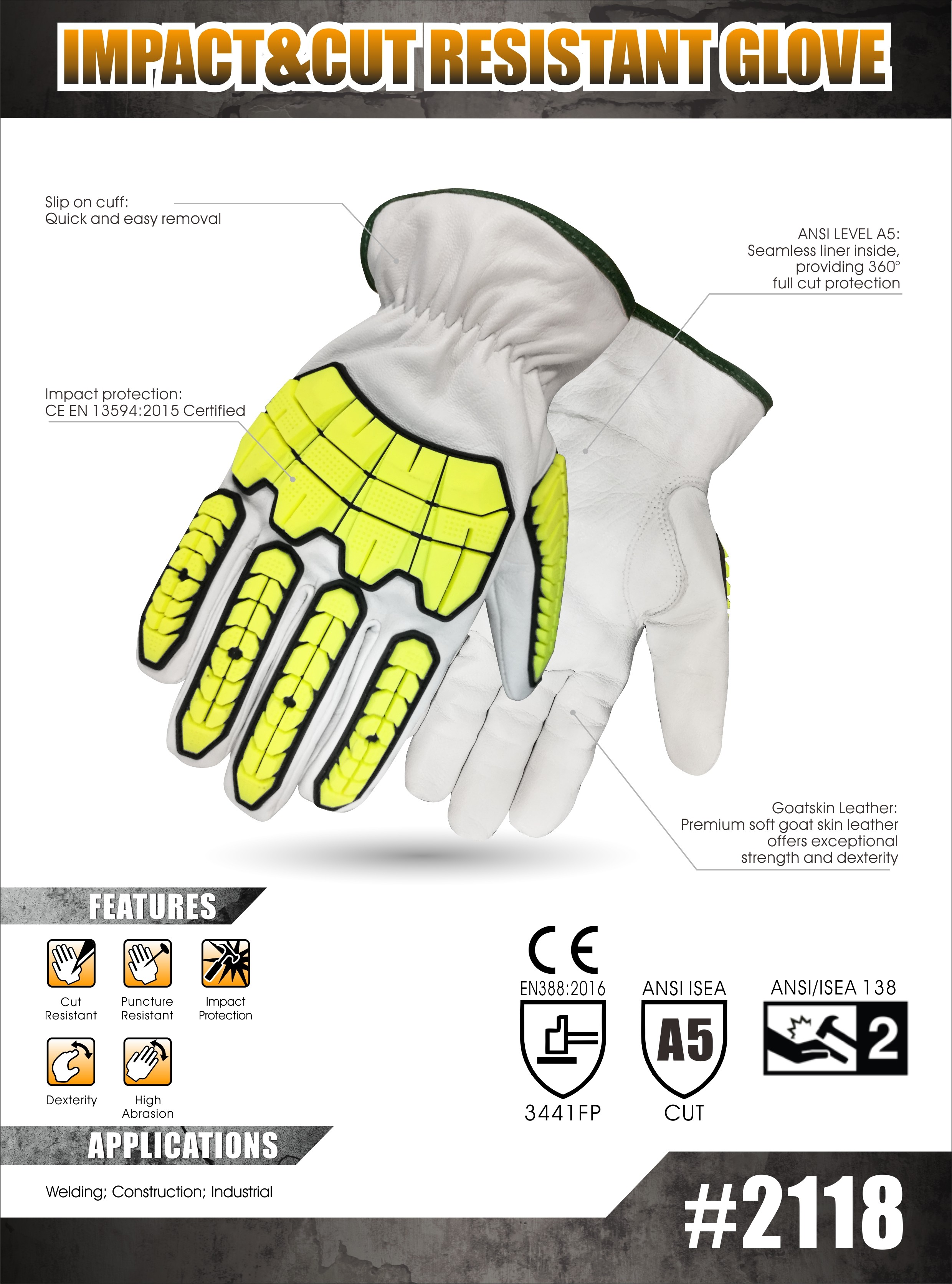 ANSI Puncture 3 Goatskin Impact Resistant Gloves Rigger Work Gloves