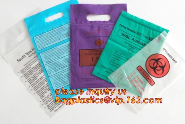 Laboratory Medical biohazard lab plastic specimen transport bag with double pouches, embossed reclosable biohazard speci