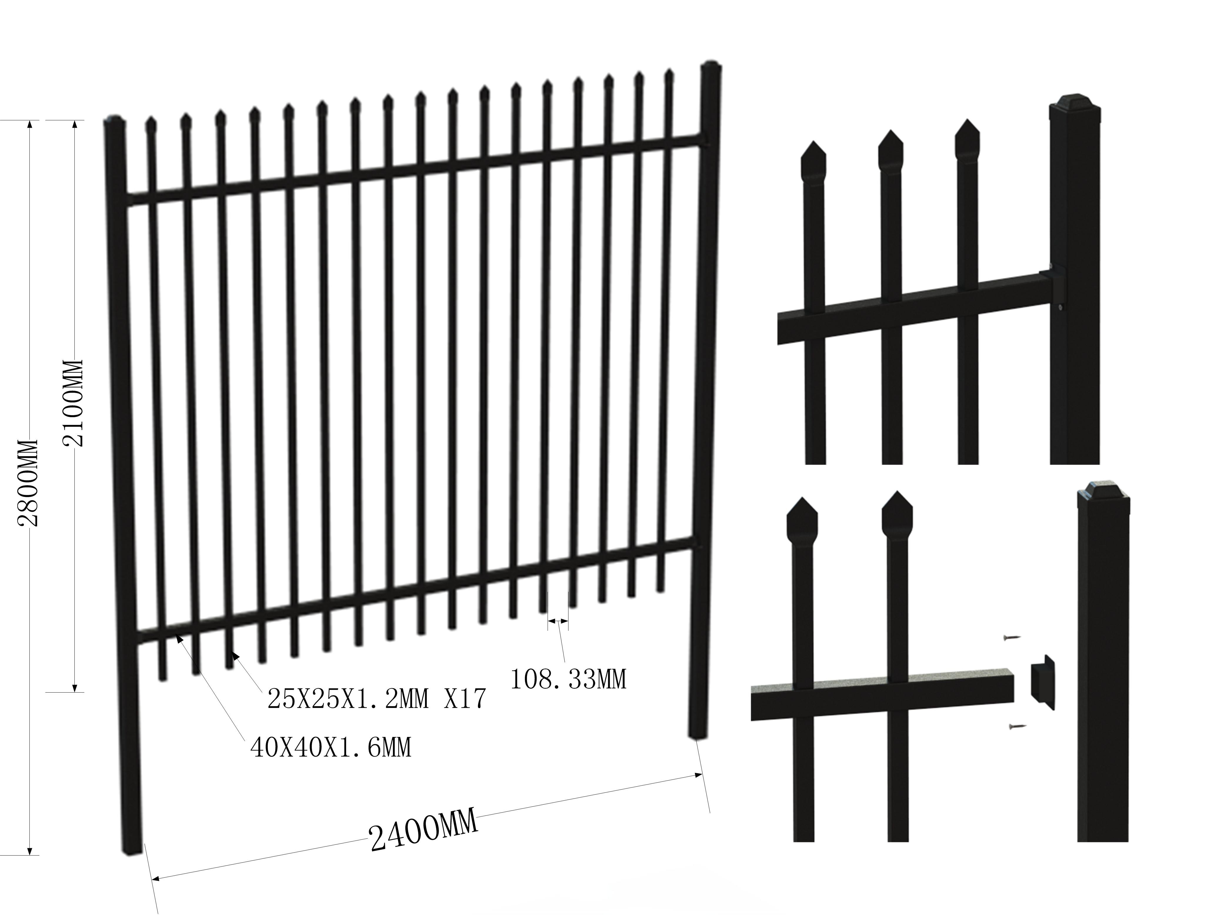 Square Picket 19mm x 19mm Upright 2100mmx2450mm height 2 rails 40mmSHS powder coated black Garrison Fencing Panels
