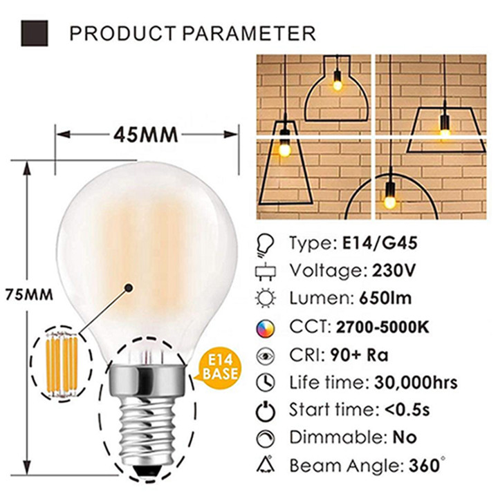 G45 Frosted LED Filament Bulb E12 E26 E27 Retro Vintage Globe 6W 2700K
