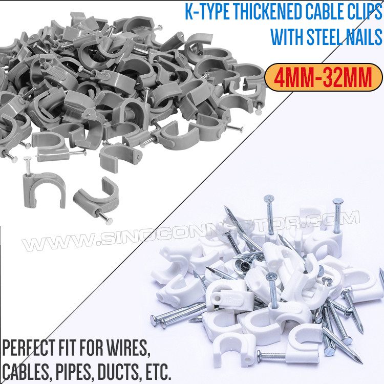 Cable Clips (Wire Clips, Nail Clips), Polyethylene, Black/White, U-Shaped, K-Type, 4mm~32mm, For Cable Management