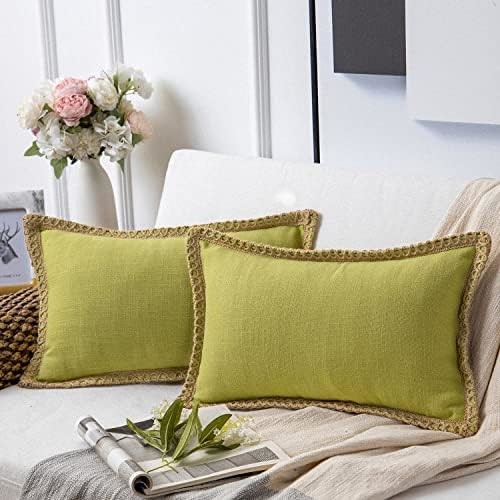 Phantoscope Pack of 2 Farmhouse Decorative Throw Pillow Covers,Solid pattern for home Burlap Linen Trimmed Tailored