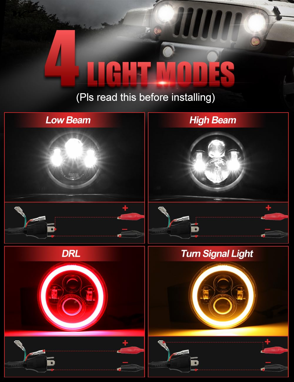 7 inch LED Headlight DOT Round Headlight with Amber Turn Signal and Hell Red Halo