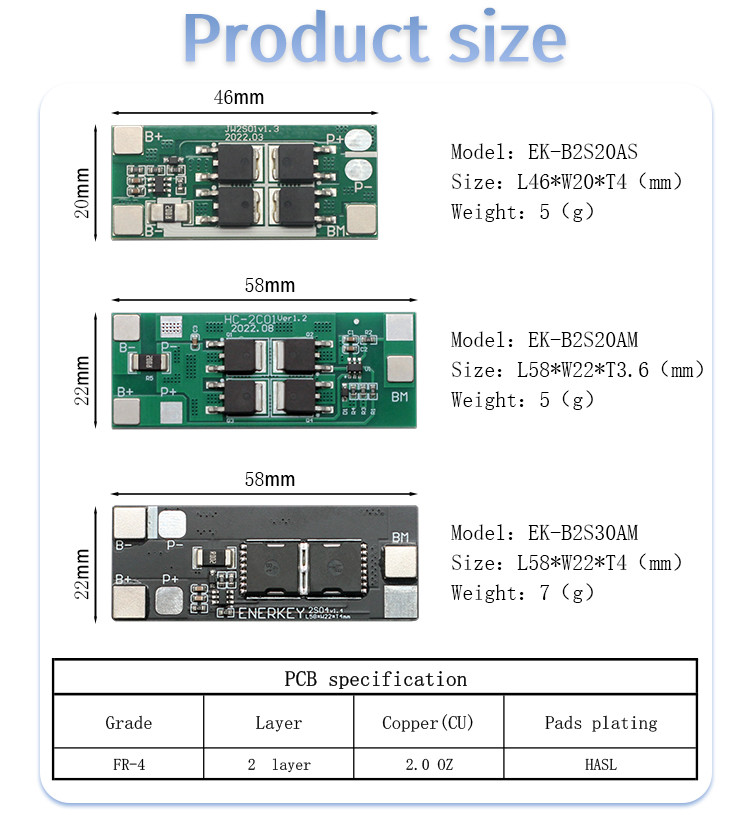 Enerkey 2S 30A BMS 7.4V Lithium Battery Protection Board with High Current 8.4V Output