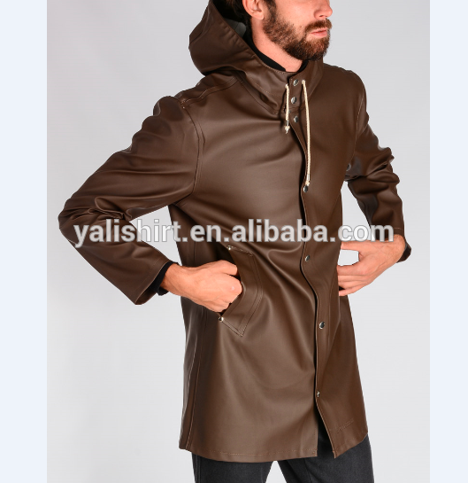 Shenzhen factory custom mens long rubber raincoat with hood