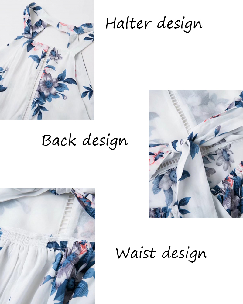 Bohemian Halter Backless Sleeveless Floral Printed Slit Maxi Long Dress for Woman