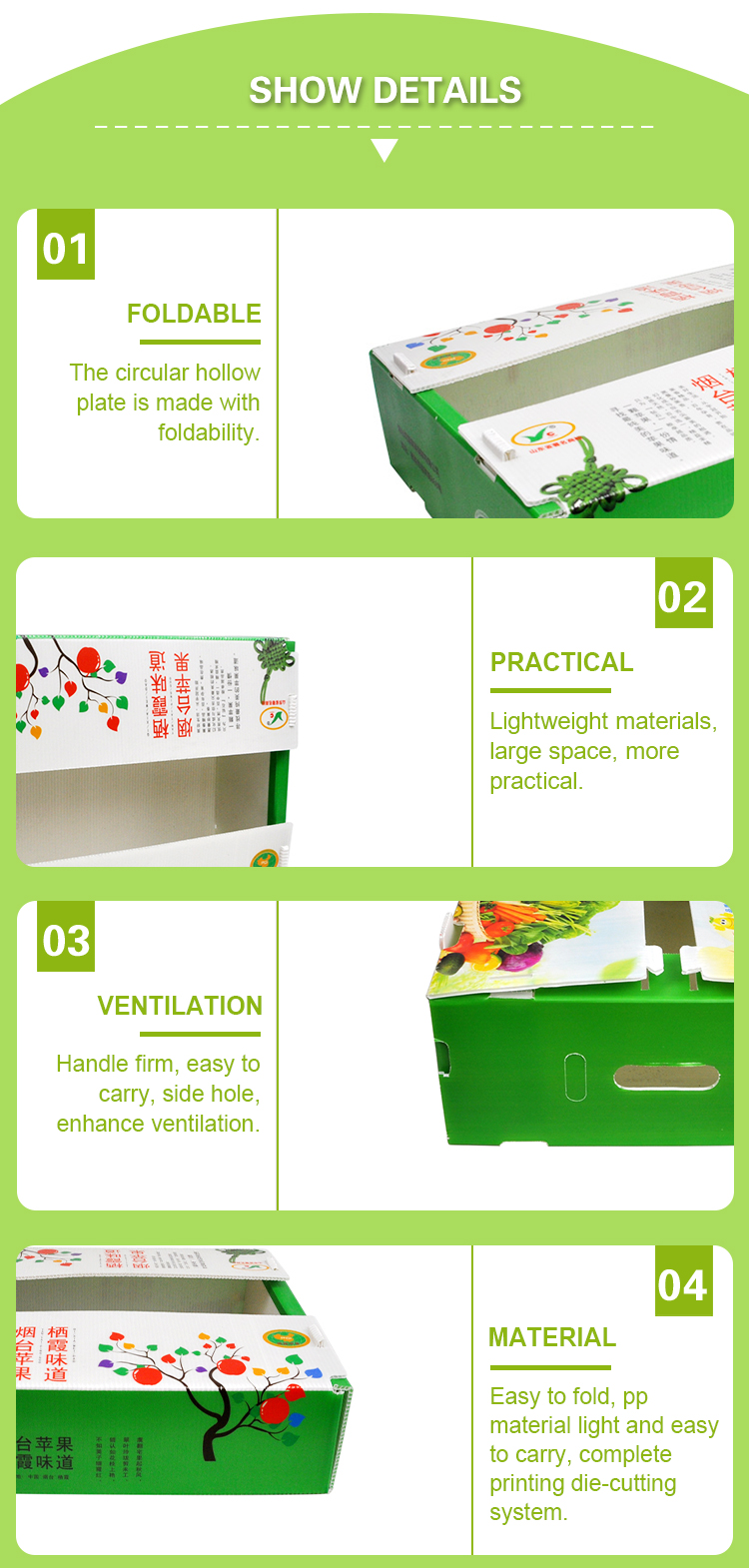 Corruone Hot Sale Customized waterproof foldable PP polypropylene sheet Material Vegetable Fruit Packaging and delivery Boxes