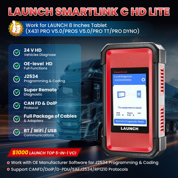 For Launch X431 SmartLink C 2.0 Heavy Duty Truck Module for X431 V+ PRO3 PRO5 Support 12V/24V Commercial Passenger New Energy Ca