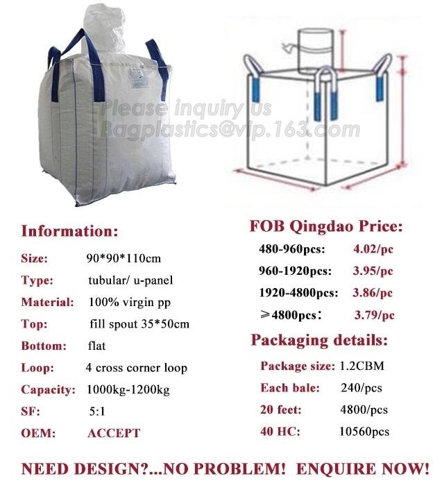 Totally virgin pp material 1 ton woven jumbo big bags FIBC big bag for sand,High tensile strength PP woven FIBC big sale