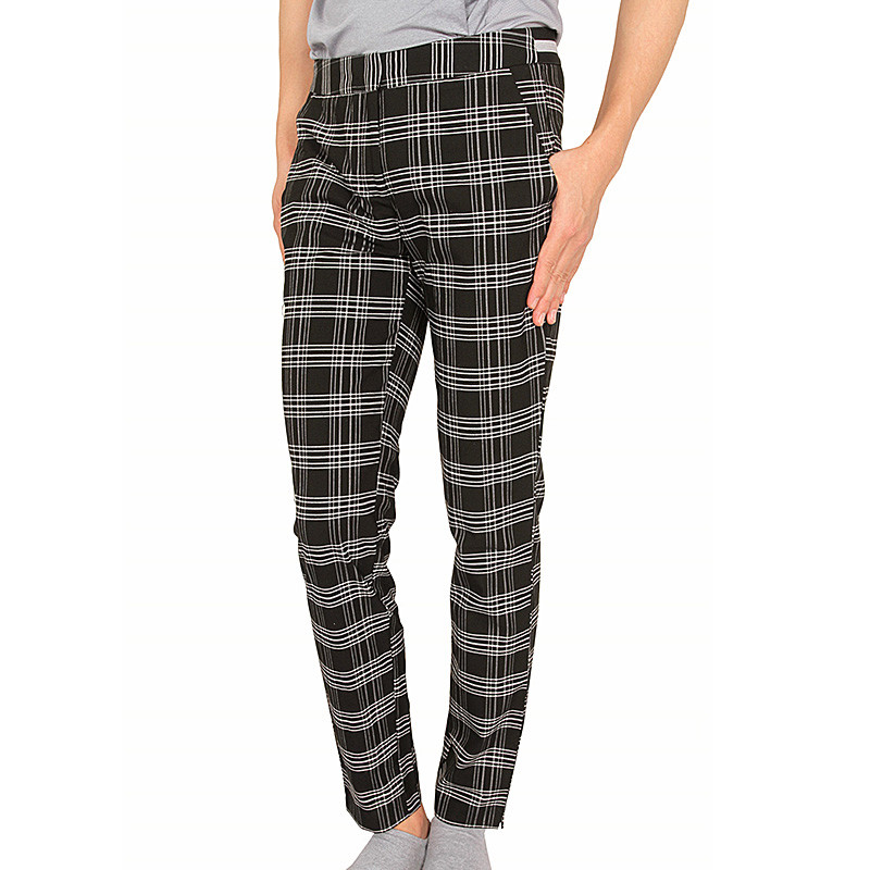 Stockpapa Black And Coffee Half Elastic Waist Plaid Skinny Pants womens