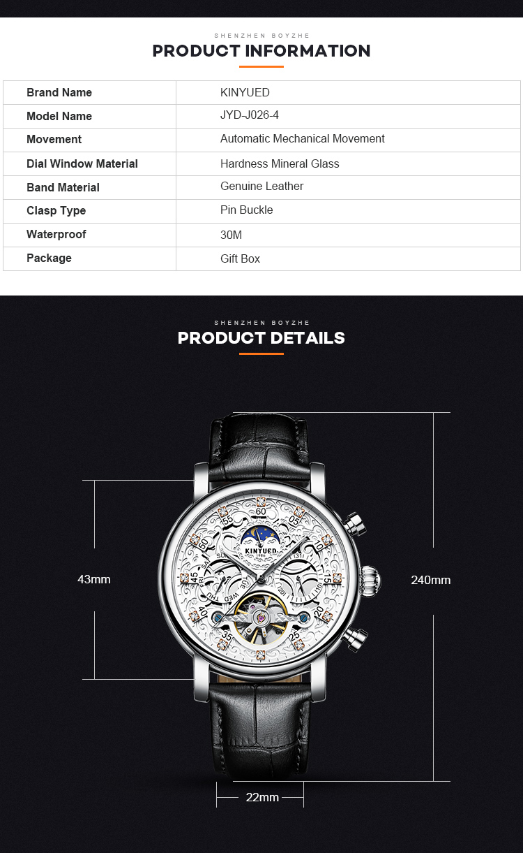 Durable Tourbillon Skeleton Watch Silver Case Moonphase Automatic Watch
