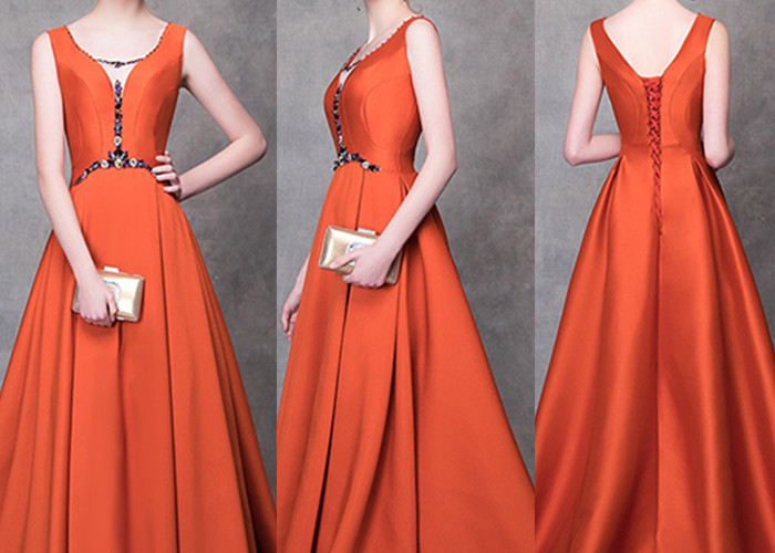 Beautiful Beading Long Tail Gown Orange Color Sleeveless V Collar Bandage Design