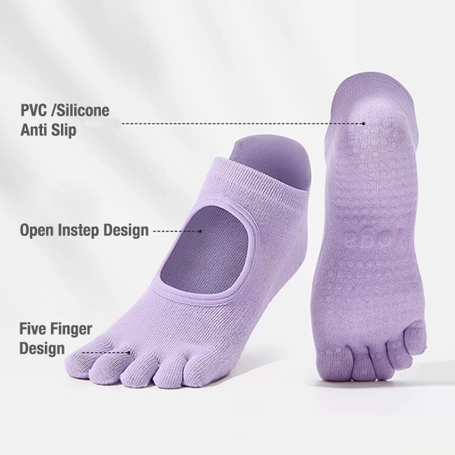 Ladies Plain Non Slip Yoga Socks Backless 5 Toe Grip Pilates Socks