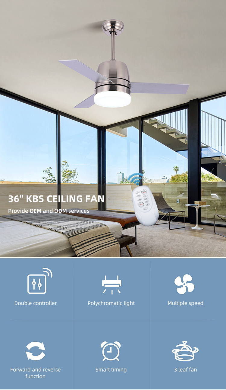 Nordic Style 65W 3000K Modern Brushed Nickel Ceiling Fan With Light 36 Inch