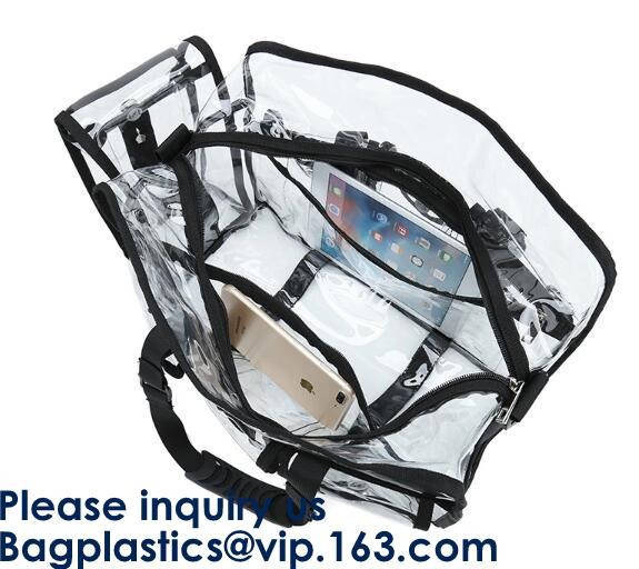 Beach Bag Clear PVC Bag Tote With Inner Pocket And Zipper Closure,PVC Bag Beach Tote With Black Handles, Bagease