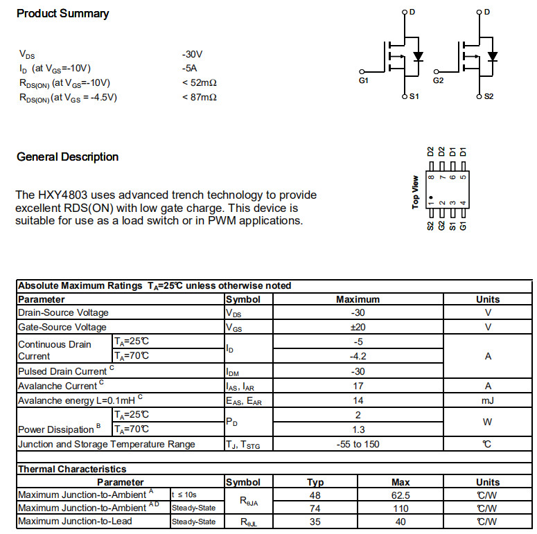 HXY4803 Mosfet Power Transistor