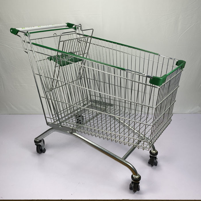 Customized 275L Warehouse Supermarket Shopping Trolley With Green Plastic Parts And Elevator Wheels