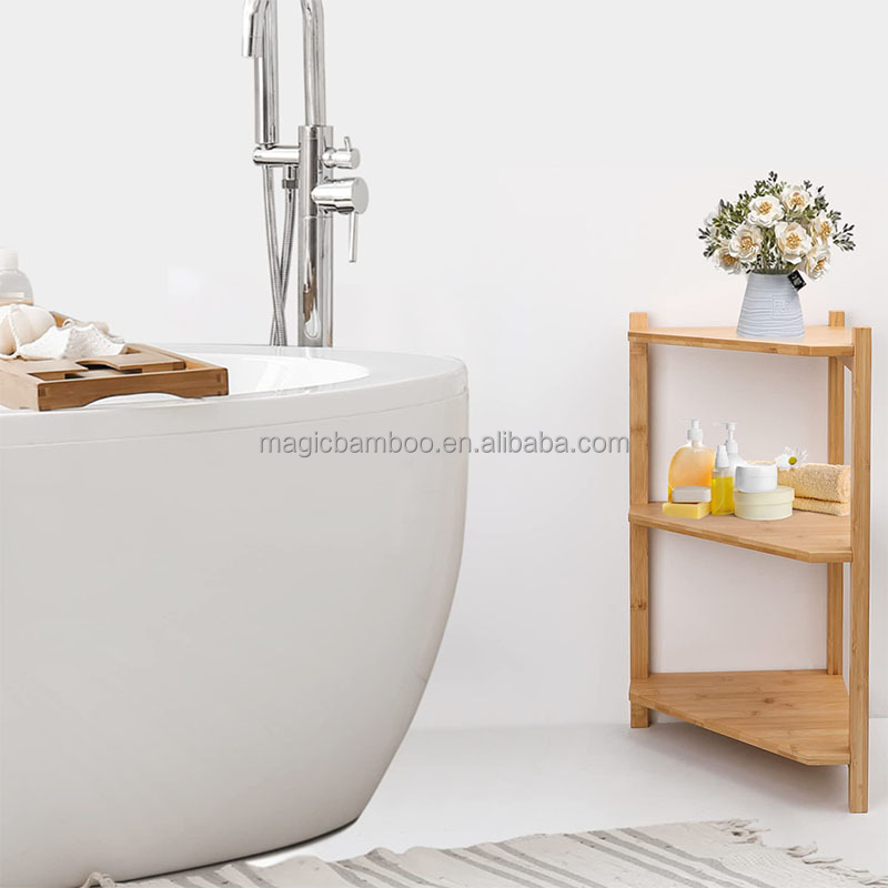 Freestanding Bathroom Bamboo Rack 3 Tier Corner Shelf Unit