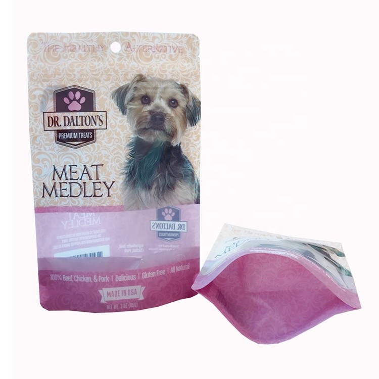 stand up pouch pet dog food bag with resealable zipper dog treats plastic packaging bag
