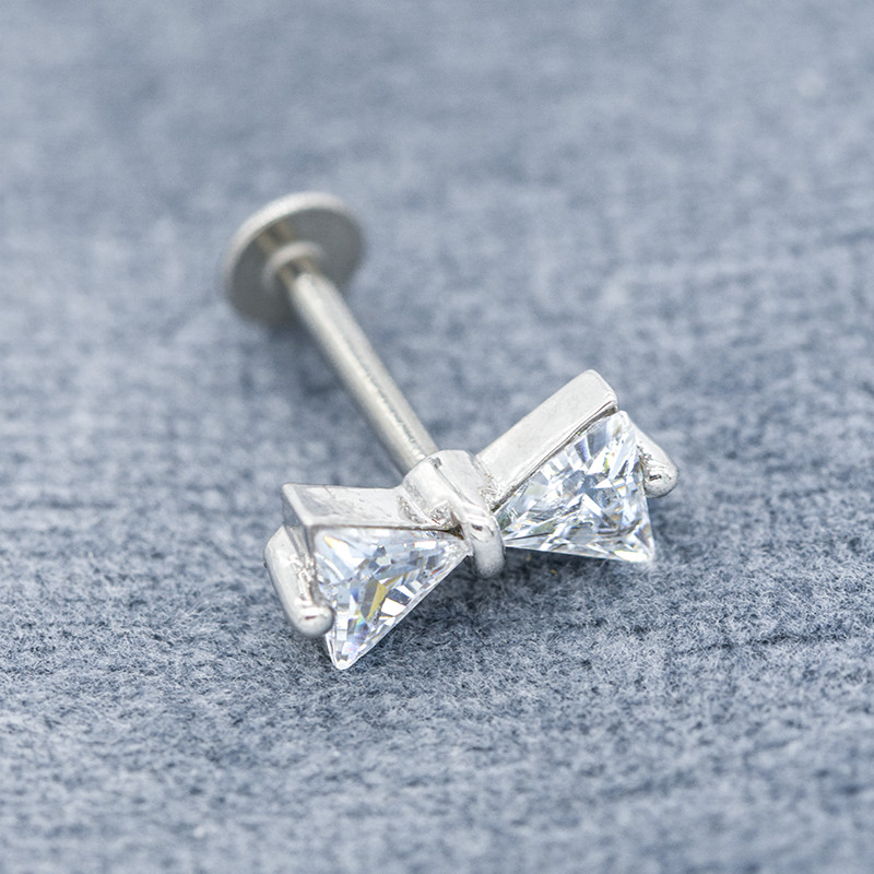 ODM Bow Knot Top Lip Piercing Labret Double Clear Triangle Zircon Gems