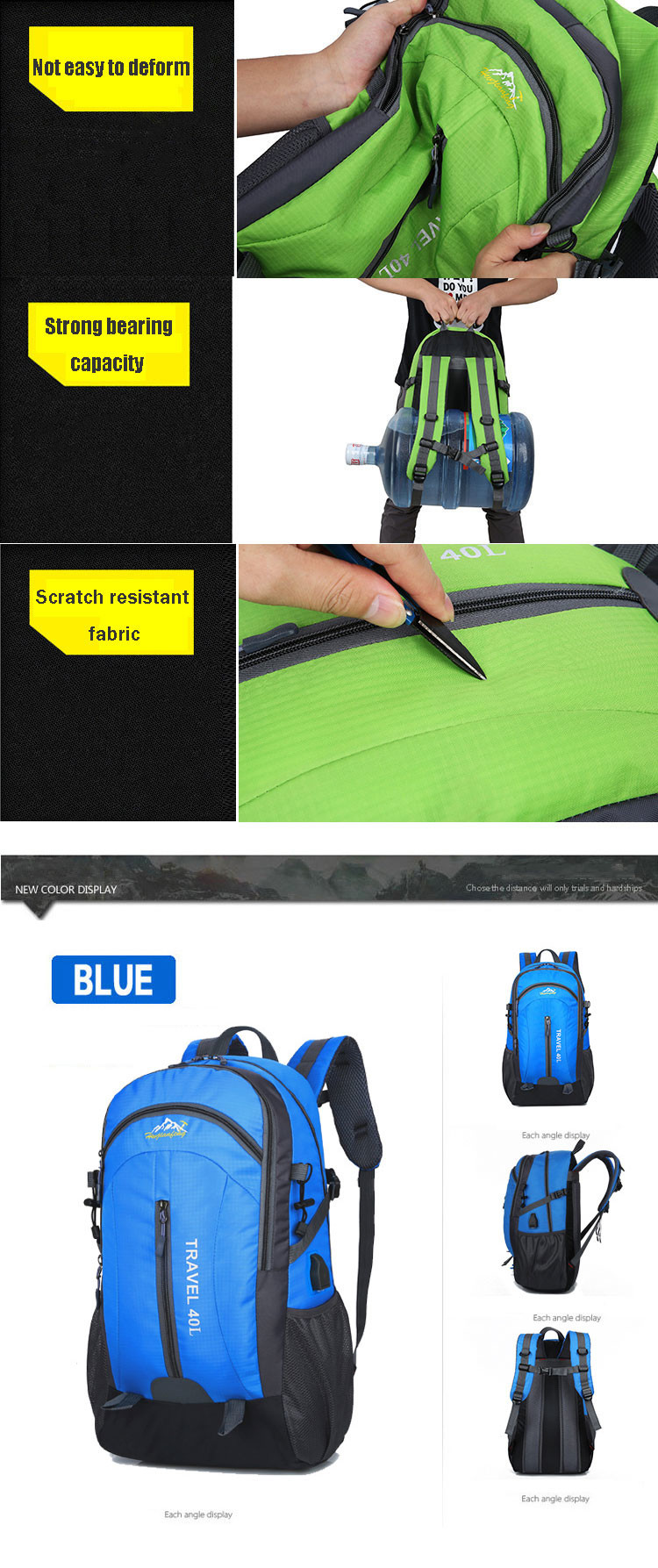 Orange 40L Waterproof Backpack 55cm Camping Travel Backpack With USB Charge Hole